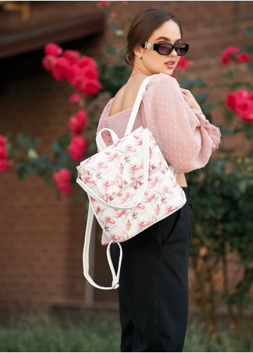 Женский рюкзак-сумка Sambag Loft белый с принтом "Flowers"
