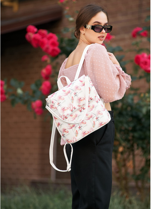 Жіночий рюкзак-сумка Sambag Loft білий з принтом Flowers