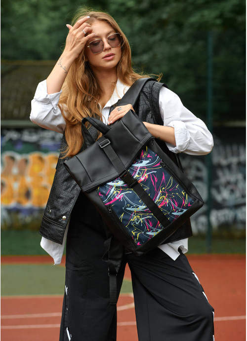 Жіночий рюкзак Sambag RollTop One чорний з принтом "ABSTRACT"