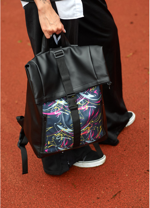 Жіночий рюкзак Sambag RollTop One чорний з принтом "ABSTRACT"