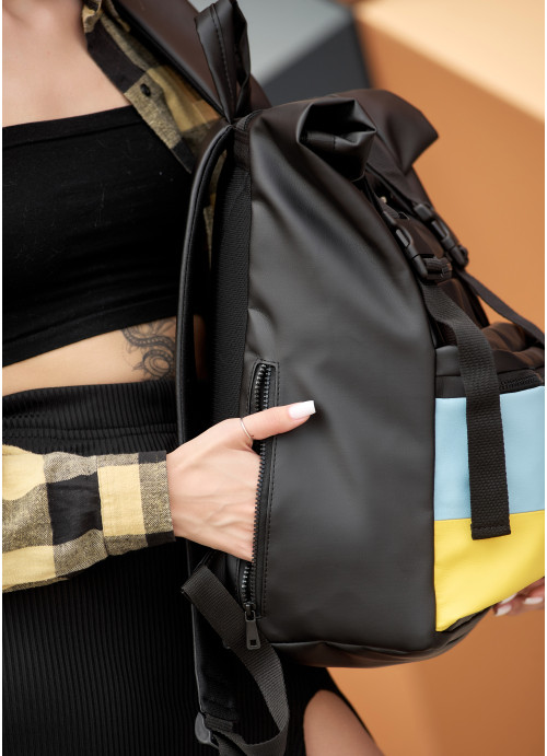 Женский рюкзак ролл Sambag RollTop LTH черный с флагом Украины