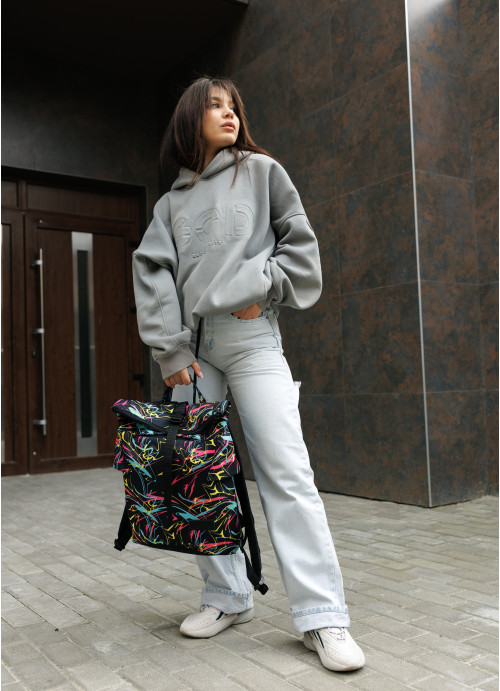 Жіночий рюкзак ролл Sambag  RollTop KZN чорний принт "ABSTRACT"