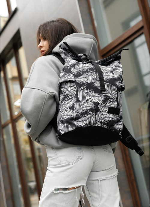 Жіночий рюкзак ролл Sambag  RollTop KZN чорний принт "Palm"