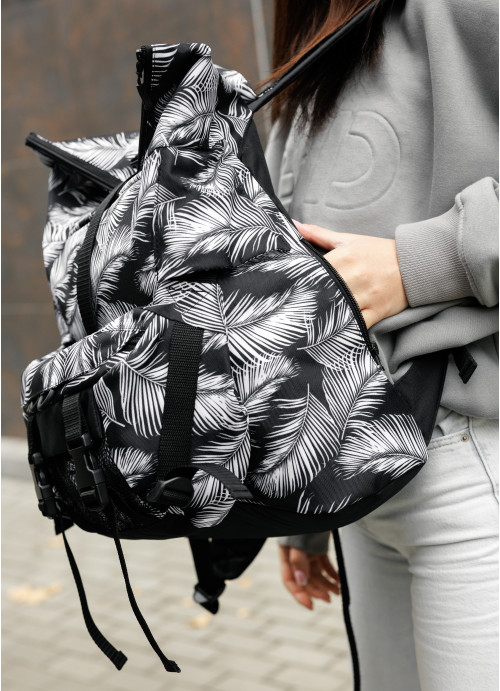 Жіночий рюкзак ролл Sambag  RollTop KZN чорний принт "Palm"