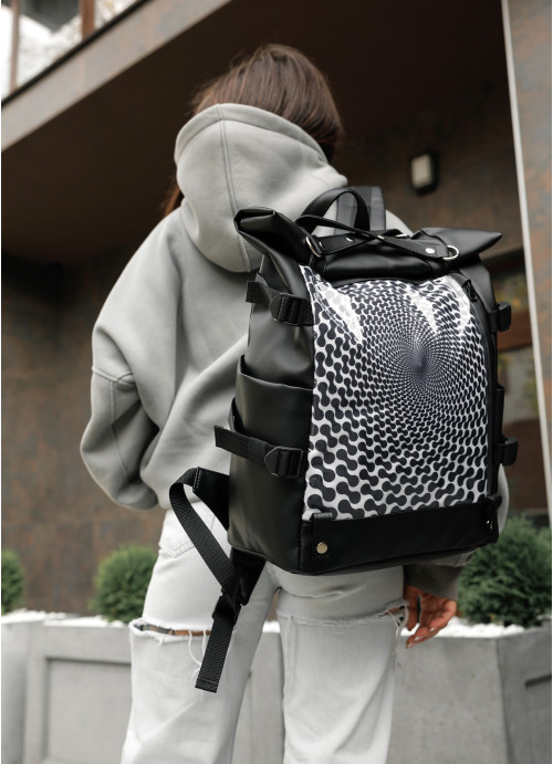 Жіночий рюкзак Sambag RollTop Hacking чорний принт "illusion"