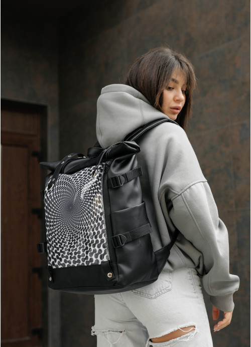 Жіночий рюкзак Sambag RollTop Hacking чорний принт "illusion"