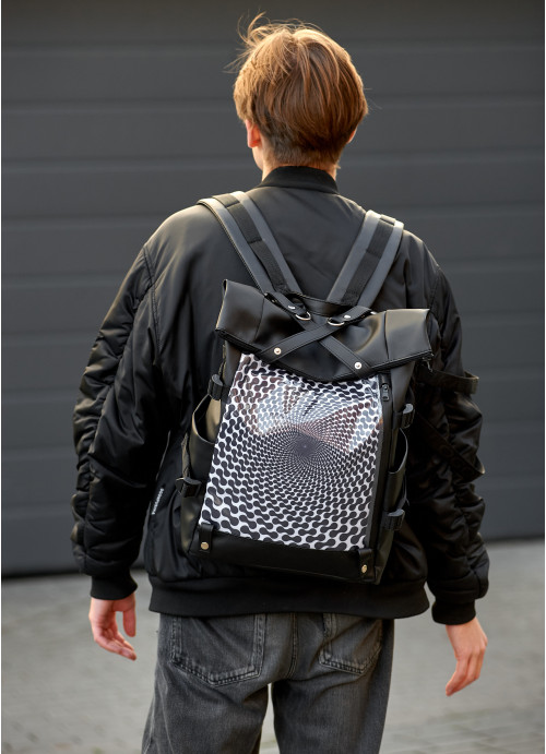 Чоловічий рюкзак Sambag RollTop Hacking чорний принт "illusion"