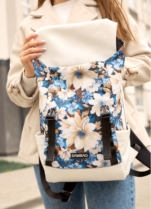 Жіночий рюкзак Sambag Aura білий з принтом "BLUE FLOWERS"