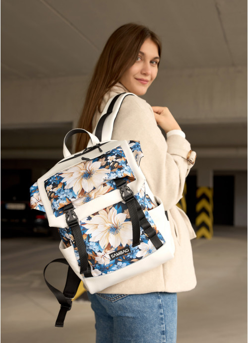 Жіночий рюкзак Sambag Aura білий з принтом "BLUE FLOWERS"
