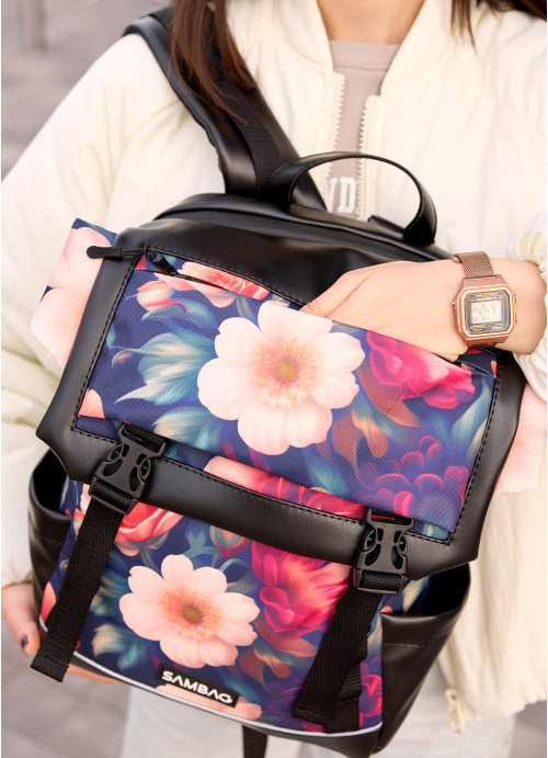 Жіночий рюкзак Sambag Aura чорний з принтом "MAGENTA FLOWERS"