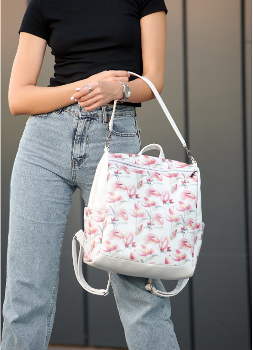 Жіночий рюкзак-сумка Sambag Trinity білий принт "Flowers"