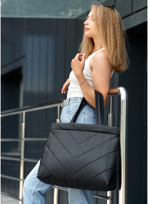 Женская большая сумка Sambag Shopper строченая черная