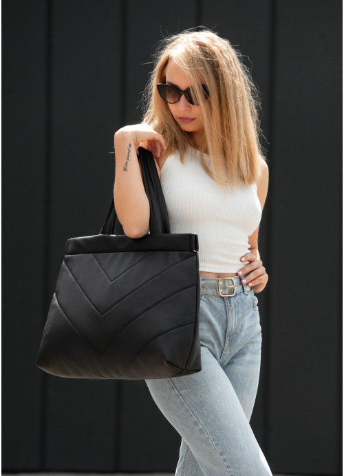 Жіноча велика сумка Sambag Shopper строчена чорна