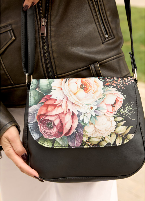 Женская сумочка Кросбоди Sambag Rose черная с цветочным принтом
